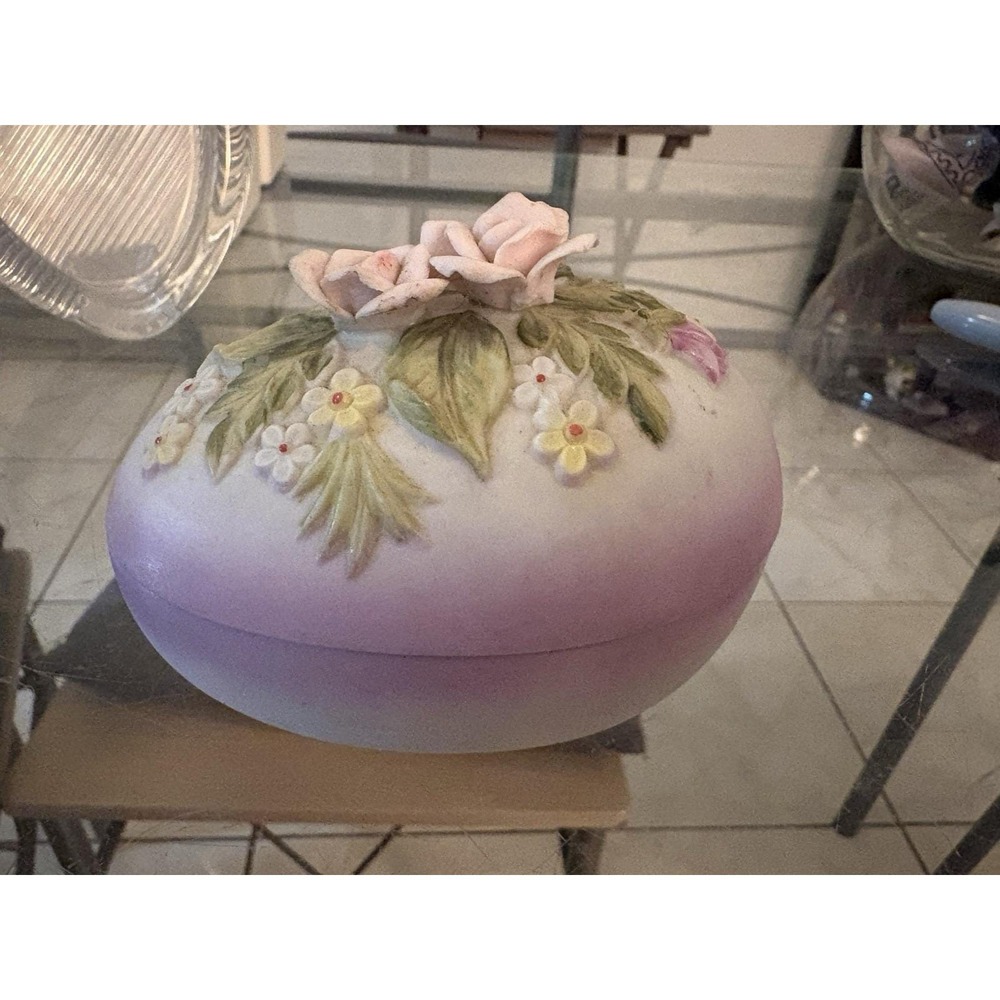 Vtg Lefton Porcelain Egg Trinket Jewelry Box Pink Applied Roses Japan 472
